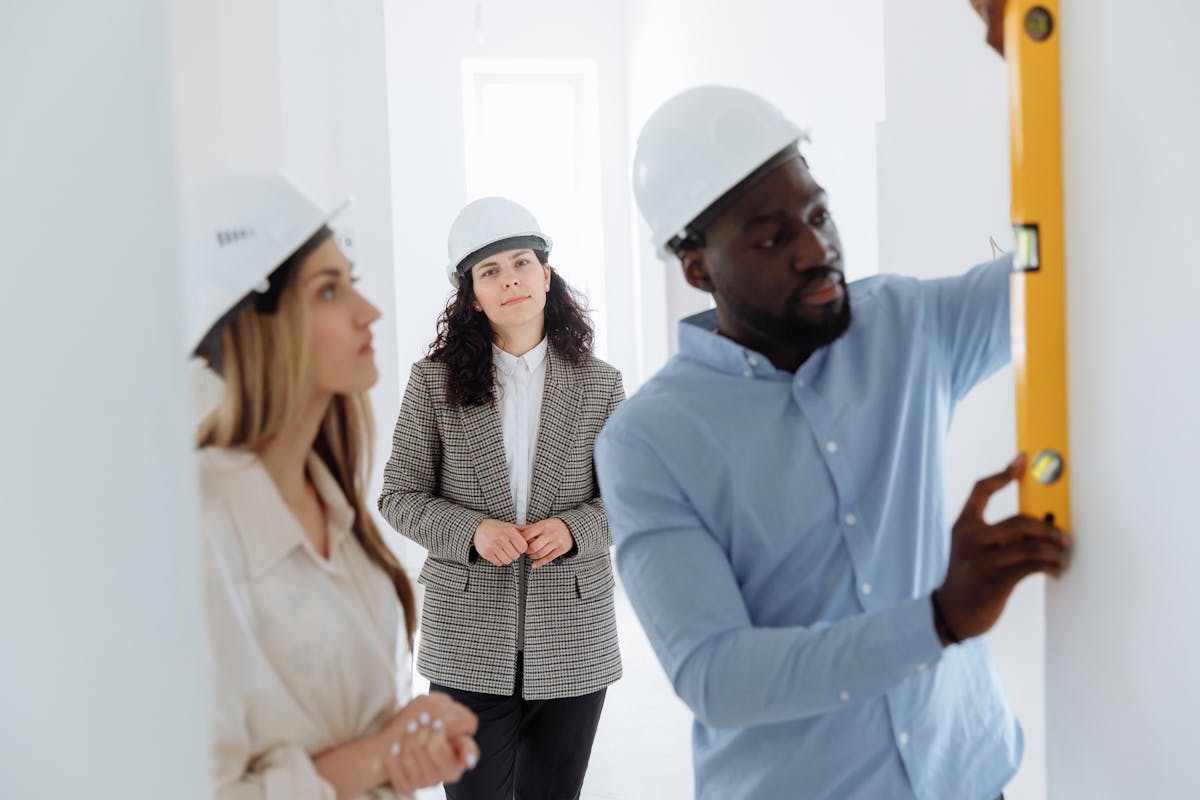 Builder checking measurements on site with clients