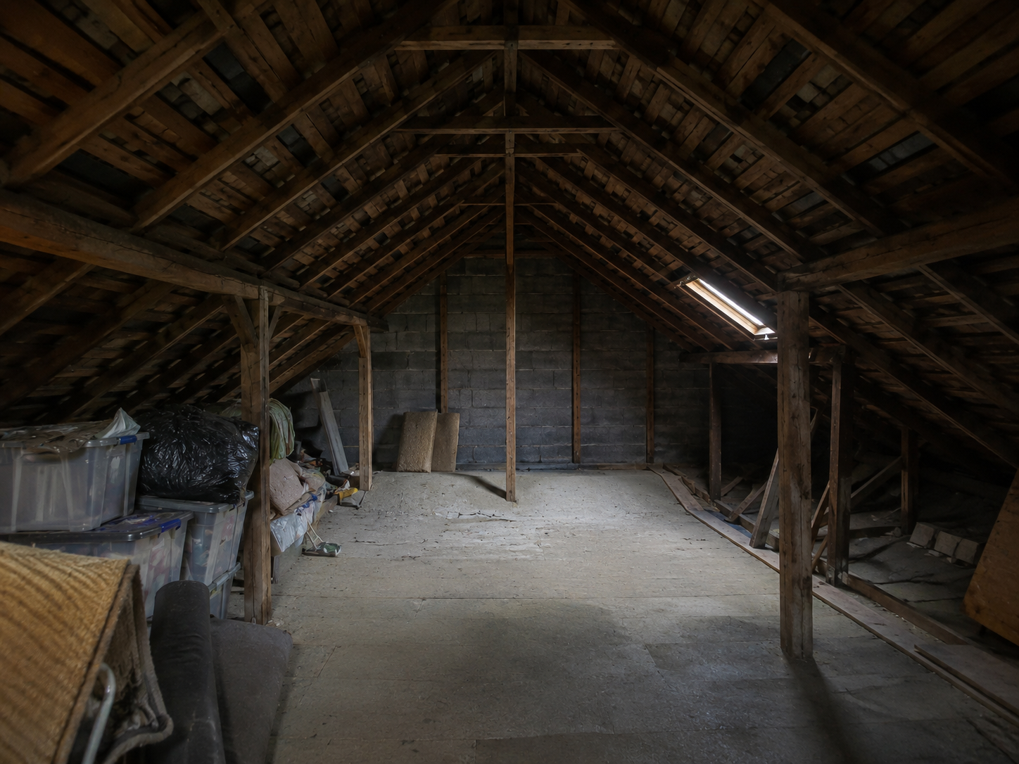 Cambridge loft conversion before photo - raw attic space with exposed timber trusses and stored items